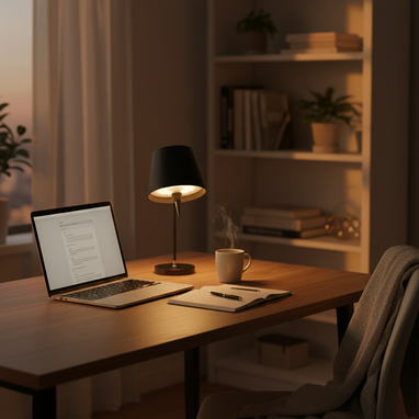 Flaschenlampe am Schreibtisch